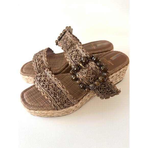 Sam Edelman Wedge Heeled Sandals Cadance Cuoio Raffia Open Toe Embellished Sz 10 - Picture 1 of 9